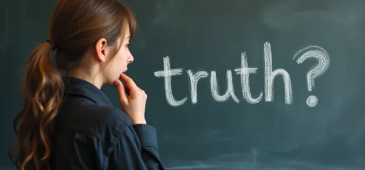 A woman with a dark blue shirt and a ponytail looking at "Truth?" written on a chalkboard