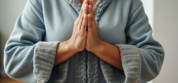 A woman wearing a light blue fleece clasping her hands together in prayer illustrates how to achieve inner peace