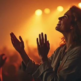 A woman smiling and raising her hands during worship is experiencing spiritual awe