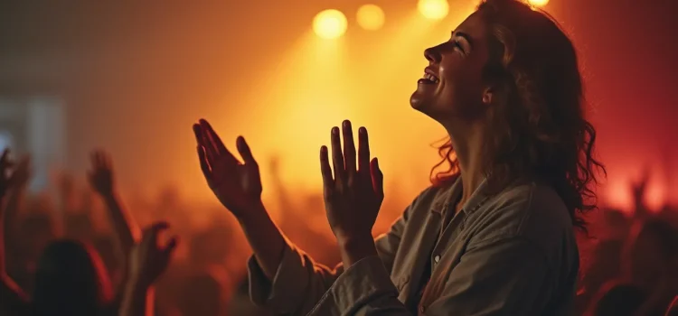 A woman smiling and raising her hands during worship is experiencing spiritual awe