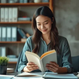 A woman with long black hair smiling and reading a book in her office with a bookshelf and coat rack in the background