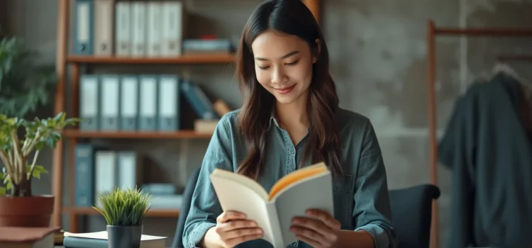 A woman with long black hair smiling and reading a book in her office with a bookshelf and coat rack in the background