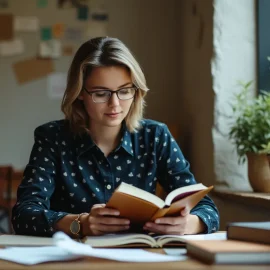 A woman with blonde hair and glasses reading a book at her desk in an office