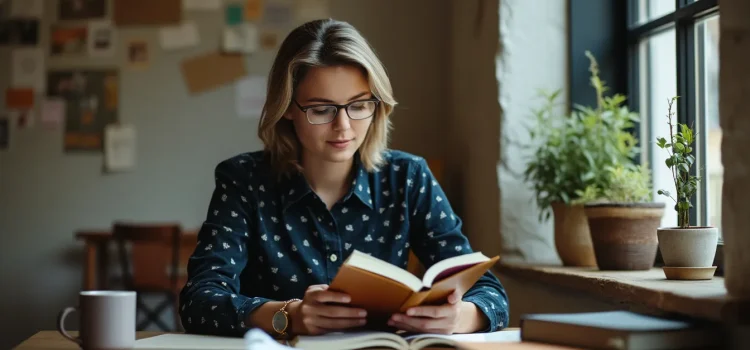 A woman with blonde hair and glasses reading a book at her desk in an office