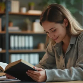 A smiling woman with long dark hair reading a book at a desk with bookshelves in the background