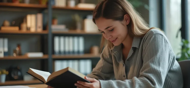 A smiling woman with long dark hair reading a book at a desk with bookshelves in the background