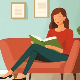 A cartoon image of a woman on a couch in a living room reading a book and smiling.