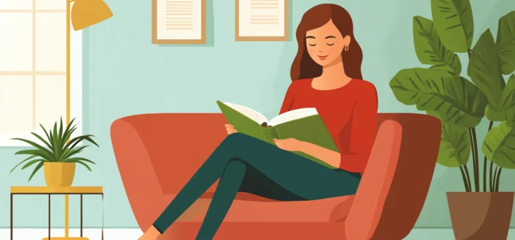 A cartoon image of a woman on a couch in a living room reading a book and smiling.