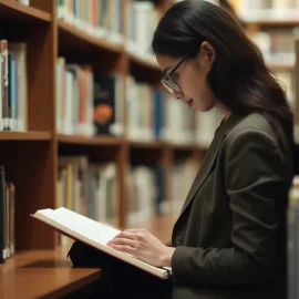 A woman with black hair and glasses reading a book in an aisle of a library