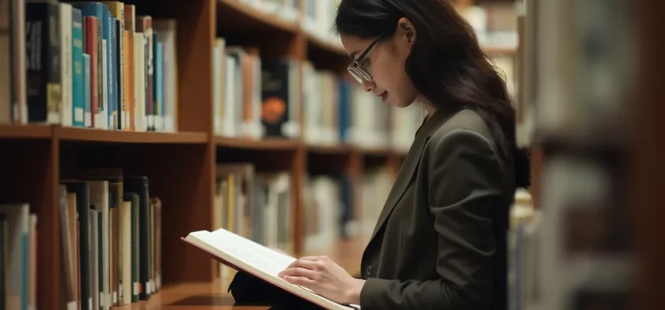 A woman with black hair and glasses reading a book in an aisle of a library