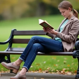 A woman with a ponytail, jeans, and tan blazer reading a book while sitting on a park bench