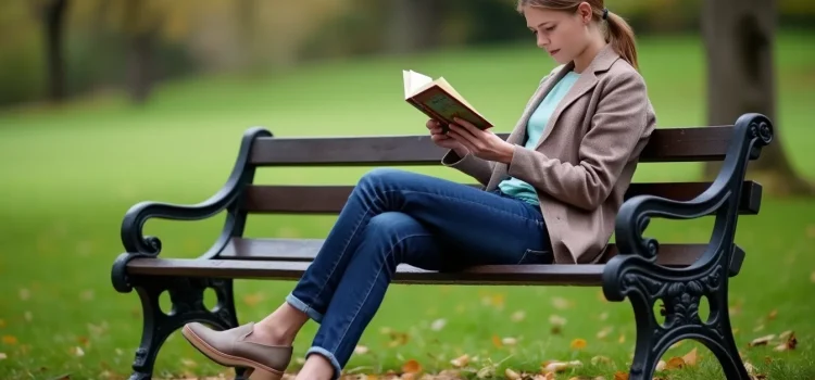 A woman with a ponytail, jeans, and tan blazer reading a book while sitting on a park bench