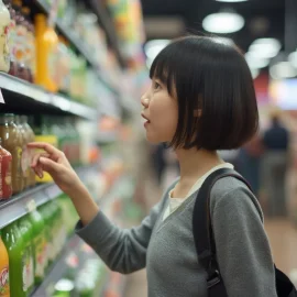 A woman selecting a product on a shelf in a grocery store illustrates how to make healthy food choices