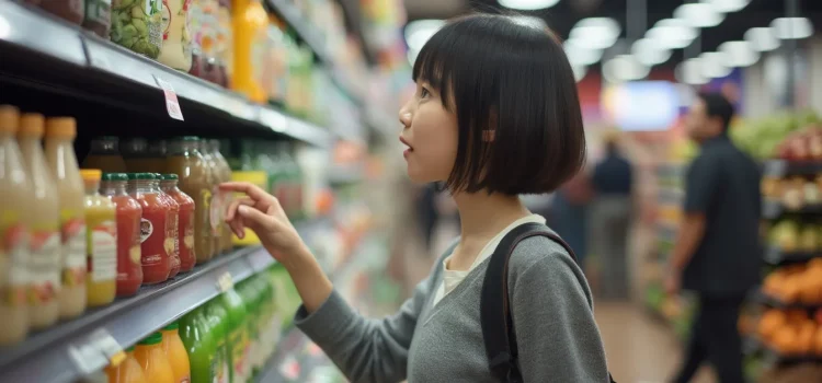 A woman selecting a product on a shelf in a grocery store illustrates how to make healthy food choices