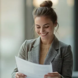 A professional woman looking at a piece of paper and smiling illustrates the power of Gary Halbert's copywriting method