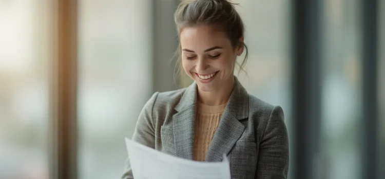 A professional woman looking at a piece of paper and smiling illustrates the power of Gary Halbert's copywriting method