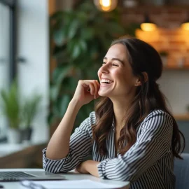 A smiling woman with long brown hair is relaxing at work because she knows how to automate tasks