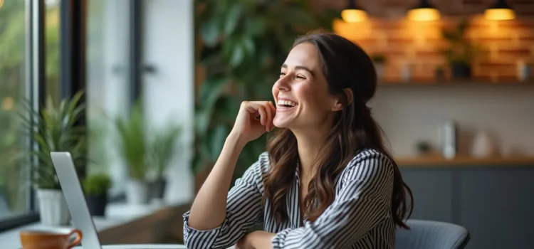 A smiling woman with long brown hair is relaxing at work because she knows how to automate tasks