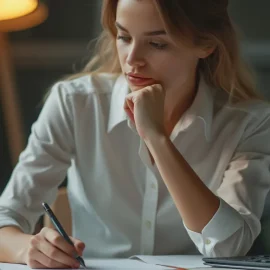 A woman with long blonde hair thinking and holding a pen while writing headlines for ad copy