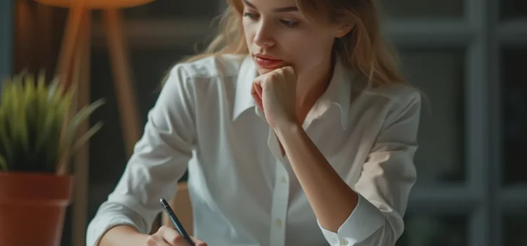 A woman with long blonde hair thinking and holding a pen while writing headlines for ad copy