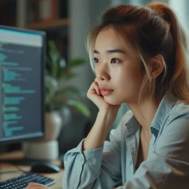 A woman resting her chin in her hand thoughtfully looks at a computer screen while browsing task automation tools