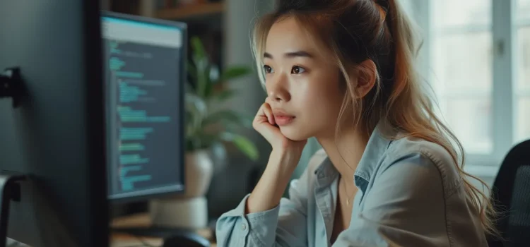 A woman resting her chin in her hand thoughtfully looks at a computer screen while browsing task automation tools