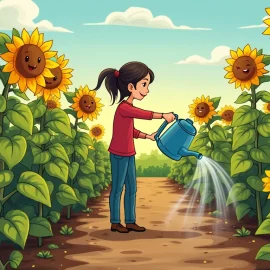 A cartoon of a woman watering sunflowers with smiley faces in a garden illustrates how to develop a positive attitude