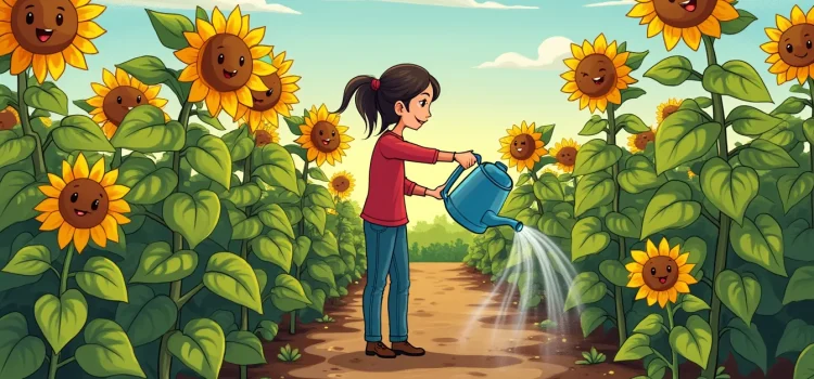 A cartoon of a woman watering sunflowers with smiley faces in a garden illustrates how to develop a positive attitude