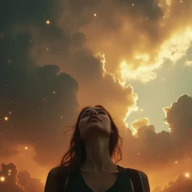 A woman with dark hair looking up into the starry and cloudy sky experiences a sense of awe