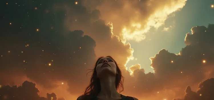 A woman with dark hair looking up into the starry and cloudy sky experiences a sense of awe