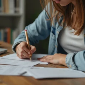 A woman with brown hair and a denim shirt writes goals on a piece of paper at her desk