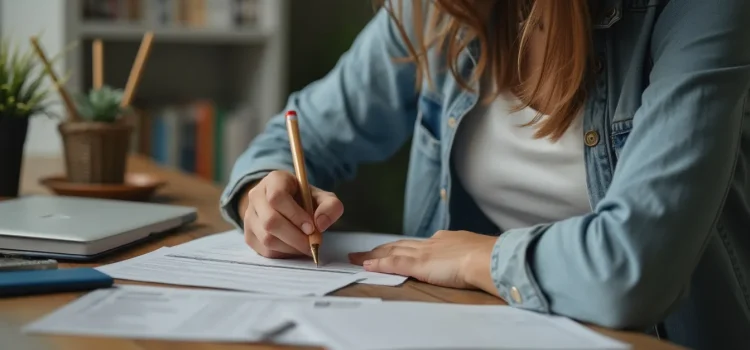 A woman with brown hair and a denim shirt writes goals on a piece of paper at her desk