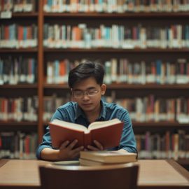 A young man with dark hair and glasses reading a book at a table in a library with bookshelves in the background