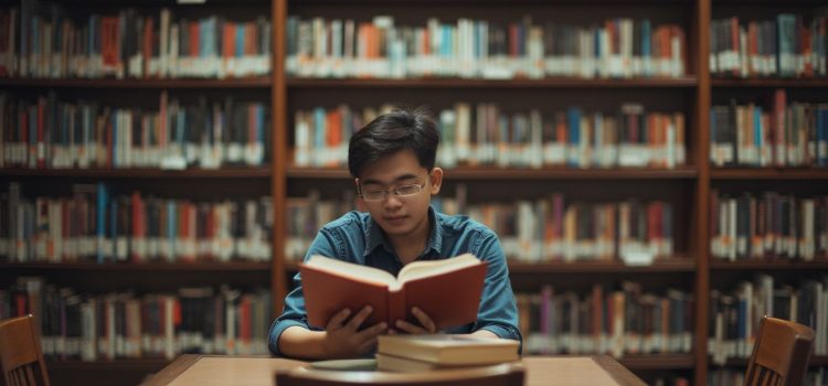 A young man with dark hair and glasses reading a book at a table in a library with bookshelves in the background