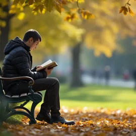 A young man with dark hair and a dark jacket reading a book while sitting on a park bench in autumn