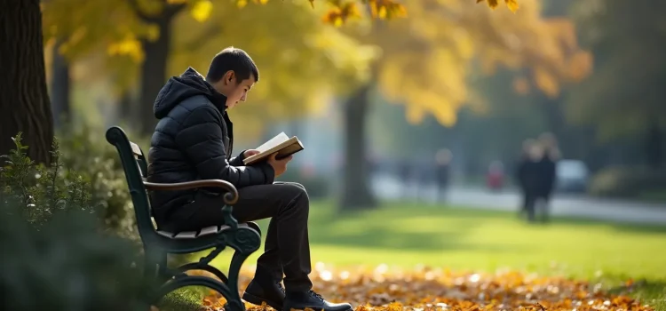 A young man with dark hair and a dark jacket reading a book while sitting on a park bench in autumn