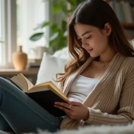 A young woman with long black hair and jeans reading a book on a cozy sofa at home