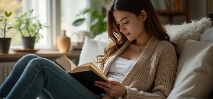 A young woman with long black hair and jeans reading a book on a cozy sofa at home