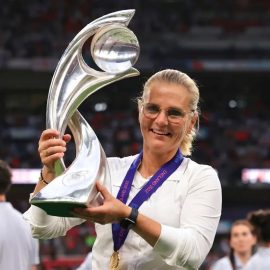 England manager Sarina Wiegman posing with the trophy after the Women’s Euro 2022 final football match illustrates her career