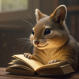 A photorealistic image of a squirrel-like animal reading a book in a library