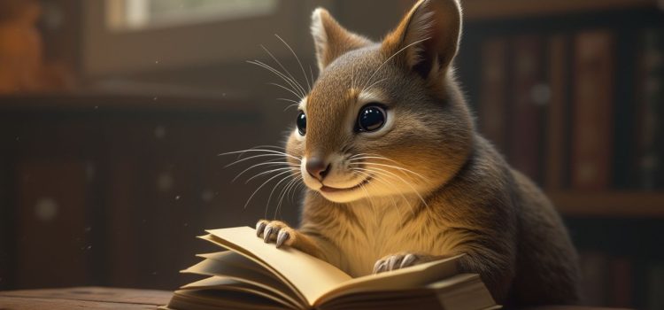 A photorealistic image of a squirrel-like animal reading a book in a library