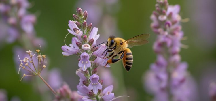 A bee on a lavender-colored flower illustrates the sense of taste in animals