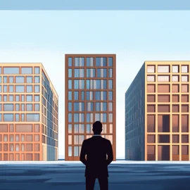 A man looking at three identical buildings, showing how to expand your business