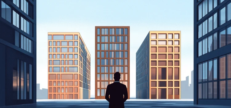 A man looking at three identical buildings, showing how to expand your business