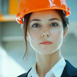 A woman in a suit wearing an orange hard hat, ready to build her business foundation