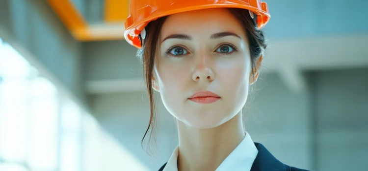 A woman in a suit wearing an orange hard hat, ready to build her business foundation