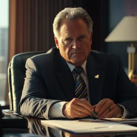 A leader in a suit and tie at their desk, using his business's resources