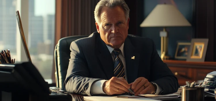 A leader in a suit and tie at their desk, using his business's resources