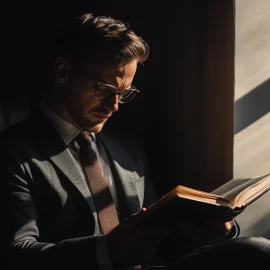 A business leader reading a book