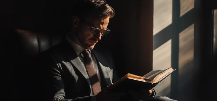 A business leader reading a book